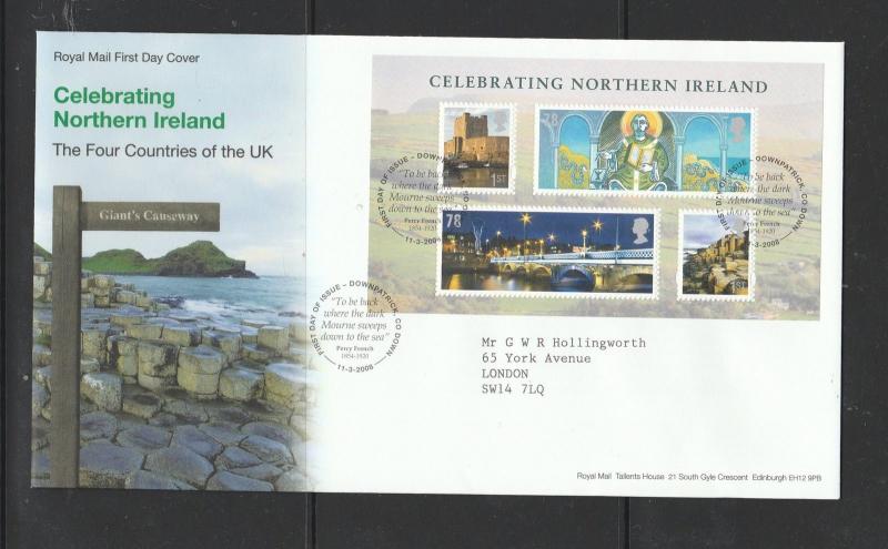 GB FDC 2008 Celebrating N Ireland MS, Downpatrick FDI Typed address