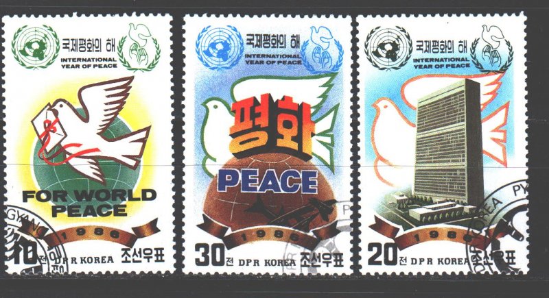 North Korea. 1986. 2747-49, bl215. Year of the world, dove of peace. USED.