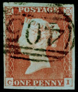 SG9, 1d pale red-brown PLATE 72, FINE USED. Cat £45. 4 MARGINS. CI