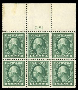 United States, 1910-30 #405 Cat$170, 1912 1c green, top margin plate number b...