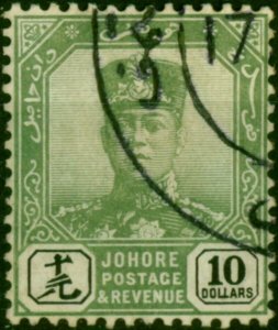 Johore 1918 $10 Green & Black SG102 V.F.U Fiscal Cancel