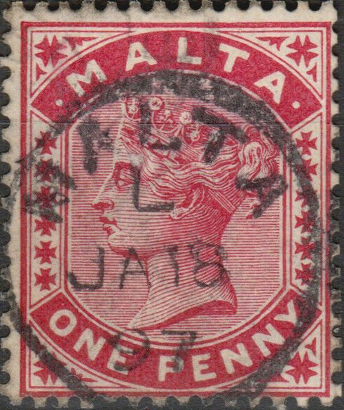 MALTA - JAN 1897  MALTA  code L thimble date stamp on SG22 1d carmine