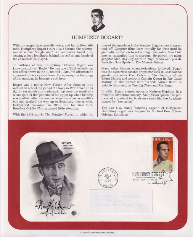 1997 Humphrey Bogart Hollywood actor 32c Sc 3152 FDC on PCS cachet info page