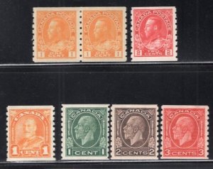 Canada 1912-1933 GV Coils 1 Pair + 5 Singles Mint H #126-7, 178, 205-7 CV$128