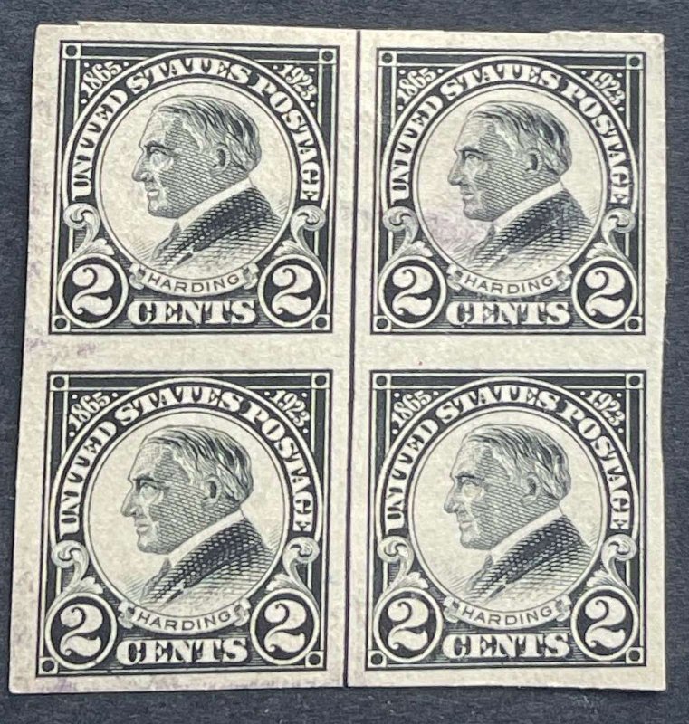 2c Harding blk of 4 Imperf Center Line Used No gum light cancel