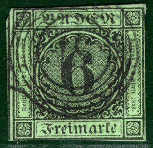 Germany States BADEN Scott.3a 6kr Black/Blue-Green (1851) Used Cat $90 ORANGE109