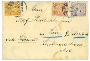 P2774 - 3 COLOR ENVELOPE FROM SHANGAI TO AUSTRIA 1909-