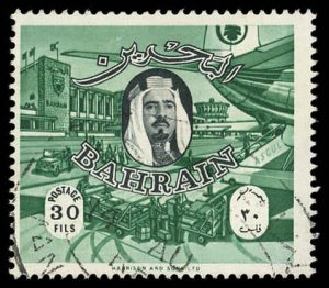 BAHRAIN Sc 145 F-VF/USED - 1966 30f  Sheik & Bahrain Intl. Airport-No Faults