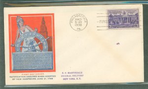 US 835 1938 3c Ratification of the Constitution (single) on an addressed (hand stamped) first day cover with a Pavois cachet.