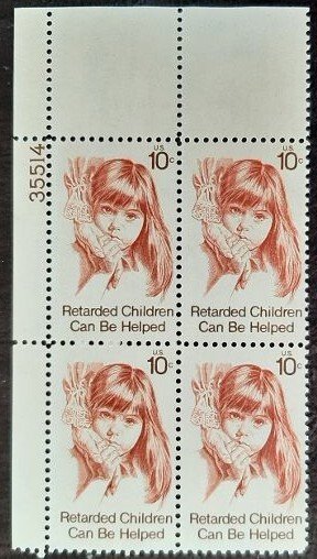 US Scott # 1549; 10c Retarded Children from 1974; MNH, og, VF; plate blk of 4