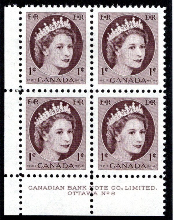  337, 1c violet brown, MNH, PB8, LL, QEII Wilding, Canada Postage Stamps