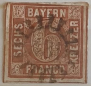 Bavaria 1850 Postage Stamp Imperf Used Condition 6d Brown