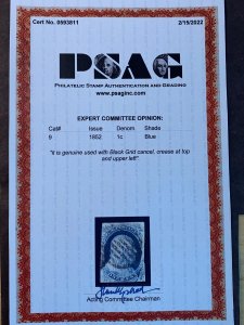 US Stamp used Scott #9 PSAG Cert