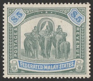 FEDERATED MALAY STATES 1904 Elephants $5 green & blue, wmk mult crown.