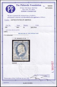 US Scott #206, PF Cert Graded 90, XF centering, Used, Light Cancel, SMQ $65.