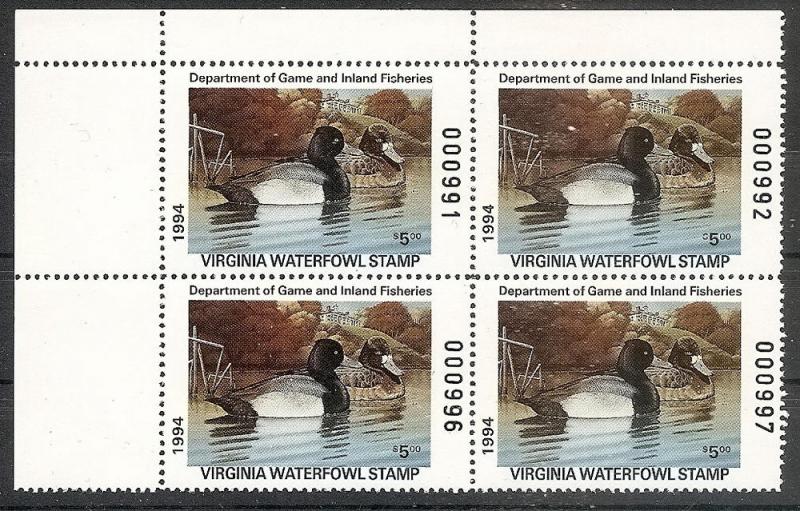US-State-Virginia   7 MNH 1994 $5 Waterfowl Hunting Block