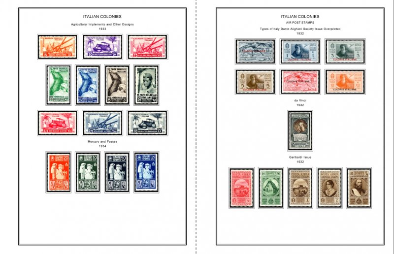 COLOR PRINTED ITALIAN COLONIES 1932-1934 STAMP ALBUM PAGES (8 illustrated pages)