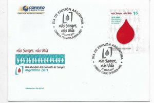 ARGENTINA 2011 WORLD DAY  BLOOD DONATION  MEDICINE DROP FIRST DAY COVER FDC