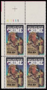 US 2102 Crime Prevention 20c plate block 4 UL A1111 MNH 1984