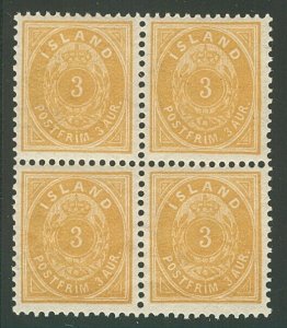 ICELAND #21 (20), 3aur orange, p. 13, Block of 4, og, NH, XF, Facit $2,376.00