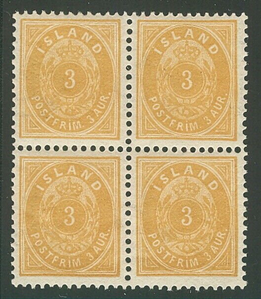 ICELAND #21 (20), 3aur orange, p. 13, Block of 4, og, NH, XF, Facit $2,376.00