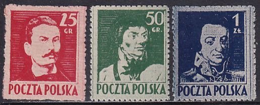 Poland 1944 Sc 341-3 Romuald Traugutt Tadeusz Kosciuszko Jan Dabrowski Stamp MH