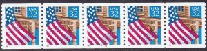 2913 32c Flag Over Porch, Coil Plate #11111 Strip of 5 WA, Mint NH OG  VF