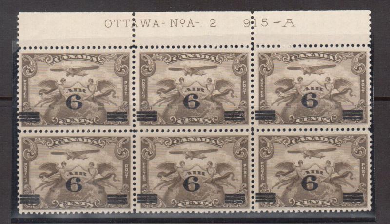 Canada #C3i VF/NH Plate #2 Upper Block Of Six 