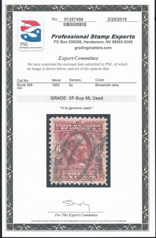 US #305 Used w/PSE 95 Cert