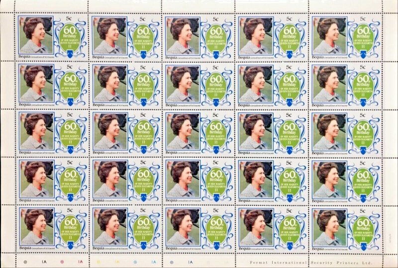BEQUIA-GREN OF ST.VINCENT 1986 60TH BIRTHDAY QUEEN ELIZABETH, 5c COMPLETE SHEET