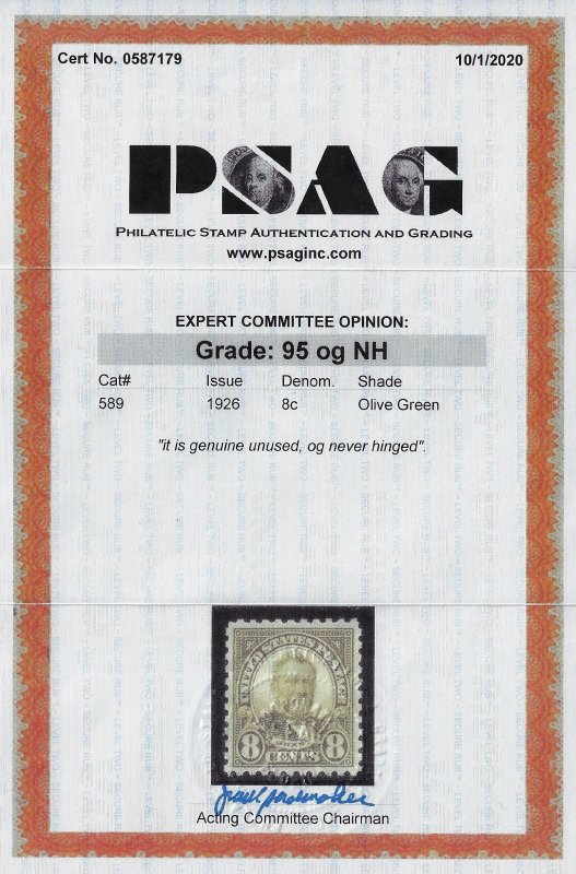 Scott #589 - $375.00 – XF/Sup-OG-NH - w/ 2020 PSAG cert XF-SUP-95. Showpiece!