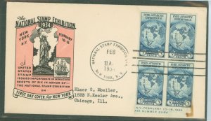 US 735a 1934 3c Byrd Antarctic Expedition II, block of 4 from the imperf souv. sheet on an addressed (typed) FDC with an Ioor Ca