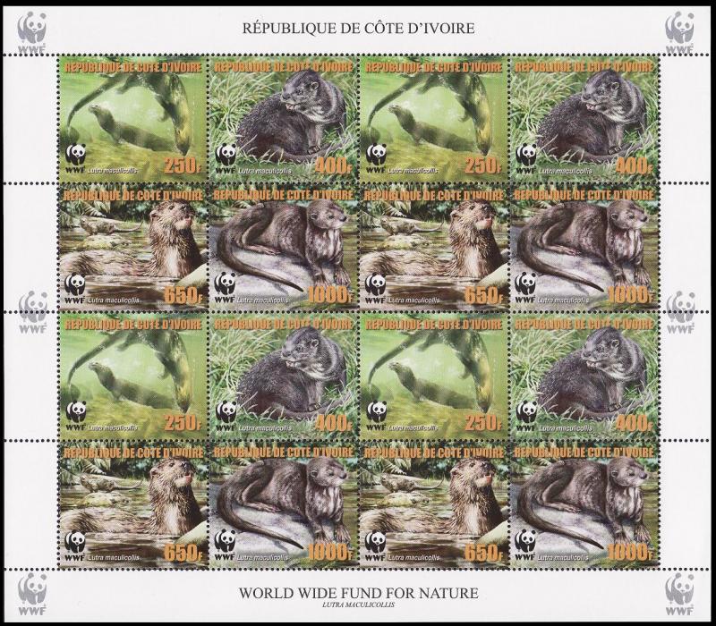 Ivory Coast WWF Speckle-throated Otter Sheetlet of 4 sets reprint MI#1353-1356A