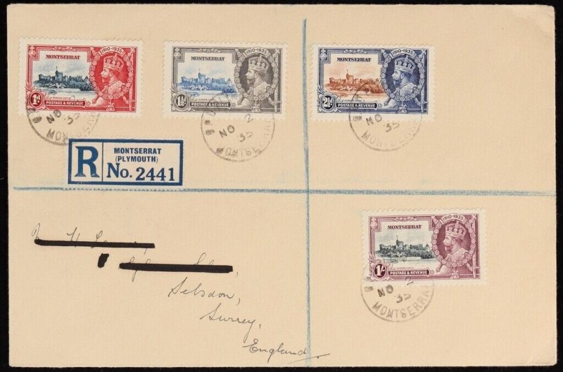 MONTSERRAT 1935 Registered cover franked KGV Silver Jubilee set. To England.