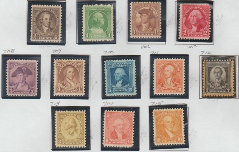 U.S. Scott #704-715 Washington Stamps - Mint NH/H Set