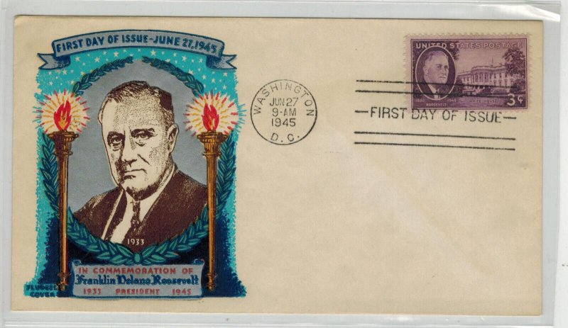 1945 FDR FRANKLIN D ROOSEVELT 932 1ST FLUEGEL FANCY MULTICOLOR CACHET