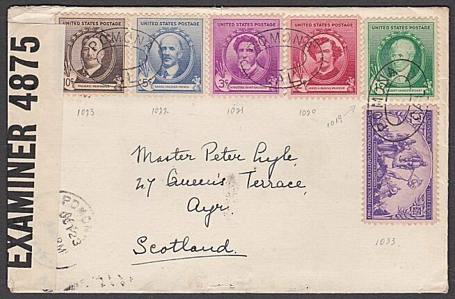 USA 1941 censor cover to Scotland - Famous Americans franking...............B430