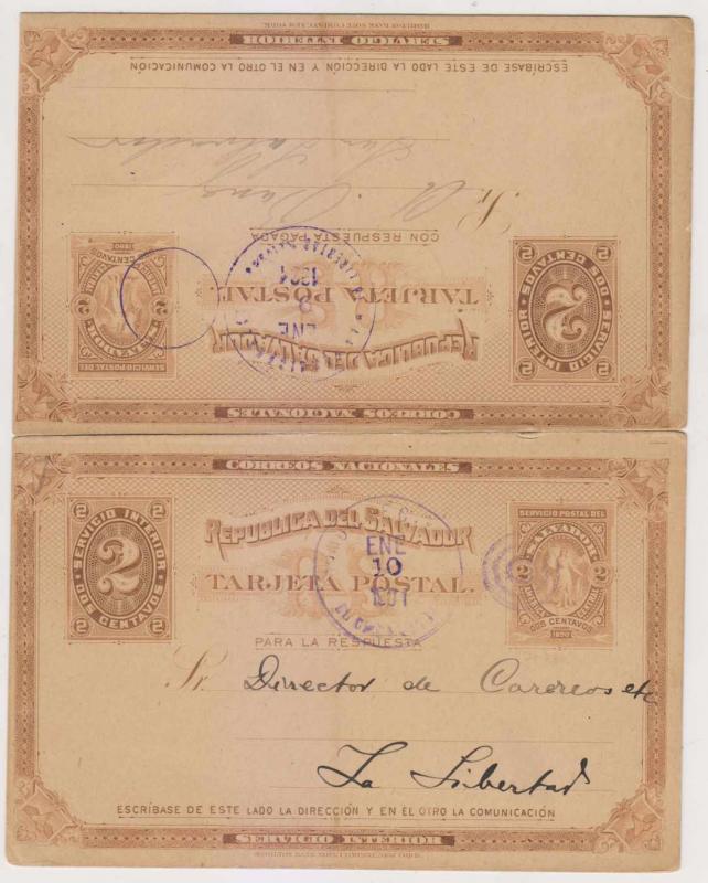 EL SALVADOR 1901 PS DOUBLE CARD H&G 7 USED LA LIBERTAD-EL SALVADOR & RETURN RARE