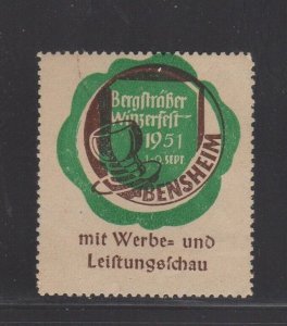 German Advertising Stamp- 1951 Bensheim Vinters Festival, Mountain Road MNH