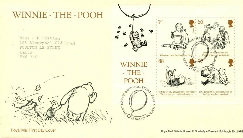 Royal Mail first day cover 2010 Winnie the Pooh Miniature Sheet, Hartfield pk