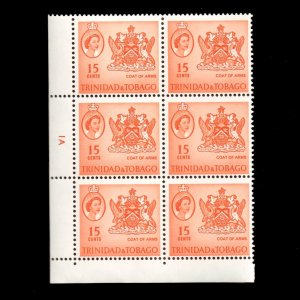 T&T TRINIDAD TOBAGO 1964 QE2 Sc 116 Coat of Arms MNH Plate Block x6 Stamps CV$96