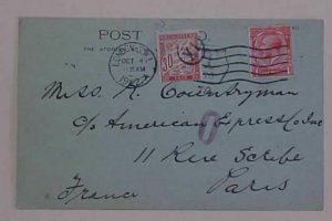 FRANCE  POSTAGE DUE TIED 1922 FROM LONDON   on postal card