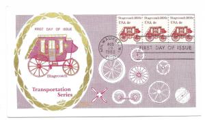 1898A 4c Stagecoach 1890s Colonial, strip of 3, FDC