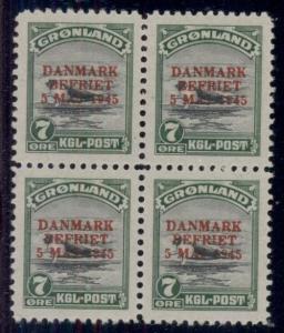 GREENLAND #21 7ore Ovpt, Block of 4, og, 2NH/2LH, VF, Scott $405.00