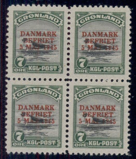 GREENLAND #21 7ore Ovpt, Block of 4, og, 2NH/2LH, VF, Scott $405.00