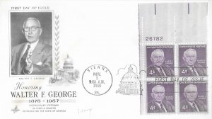 1960 FDC, #1170, 4c Walter F. George, Art Craft, plate block of 4