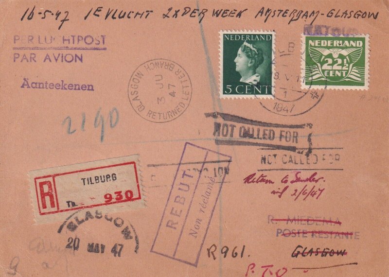 1947: Tilburg, Nederlands to Glasgow, Scotland Registered Airmail, RTS (57620)