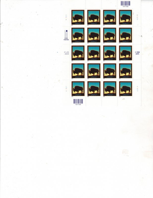 Buffalo 21c US Postage Sheet of 20 stamps #3468 VF MNH