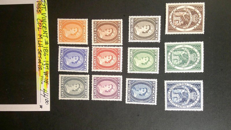 St. Vincent 1955 Q.E.II Definitive Issue Scott# 186-197 Mint VF XF NH CPL (12)