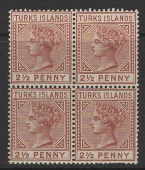TURKS ISLANDS SG56 1882 2½d RED-BROWN DIE I MTD MINT BLOCK OF 4